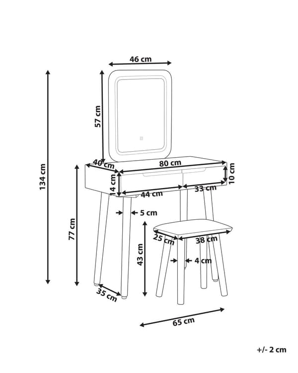 Kampauspöytä valkoinen harmaa 80 x 134 x 40 cm puu lasi LED-peili jakkara 2 laatikkoa skandinaavinen