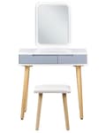 Pikkukuva 4 / 10: Kampauspöytä valkoinen harmaa 80 x 134 x 40 cm puu lasi LED-peili jakkara 2 laatikkoa skandinaavinen