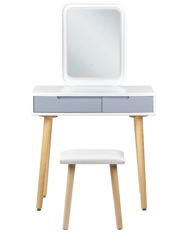 Kampauspöytä valkoinen harmaa 80 x 134 x 40 cm puu lasi LED-peili jakkara 2 laatikkoa skandinaavinen
