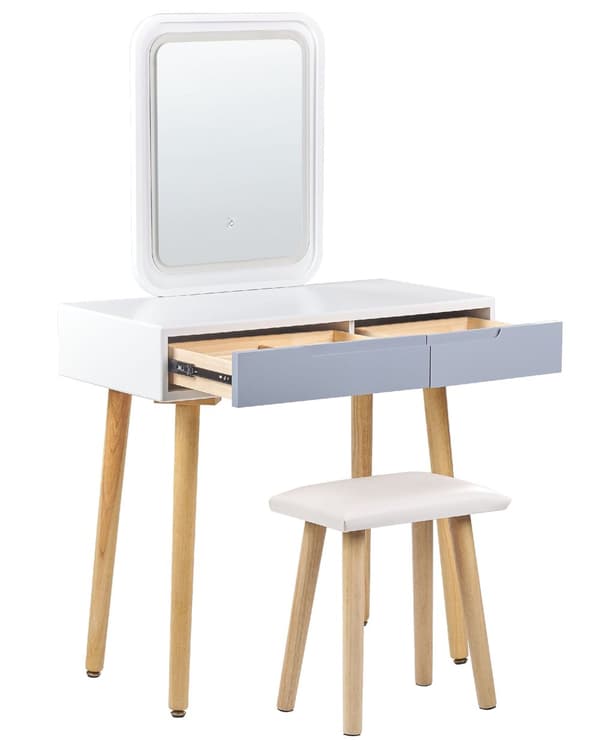 Kampauspöytä valkoinen harmaa 80 x 134 x 40 cm puu lasi LED-peili jakkara 2 laatikkoa skandinaavinen
