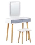 Pikkukuva 1 / 10: Kampauspöytä valkoinen harmaa 80 x 134 x 40 cm puu lasi LED-peili jakkara 2 laatikkoa skandinaavinen