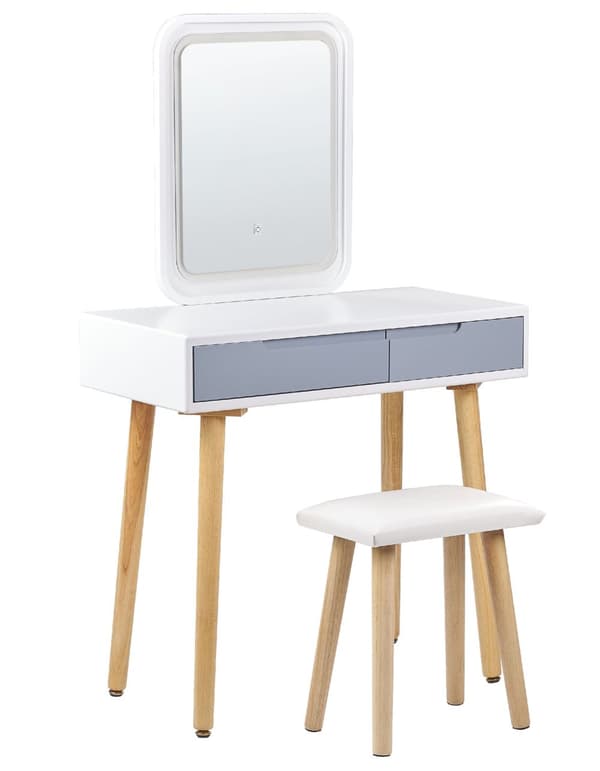 Kampauspöytä valkoinen harmaa 80 x 134 x 40 cm puu lasi LED-peili jakkara 2 laatikkoa skandinaavinen