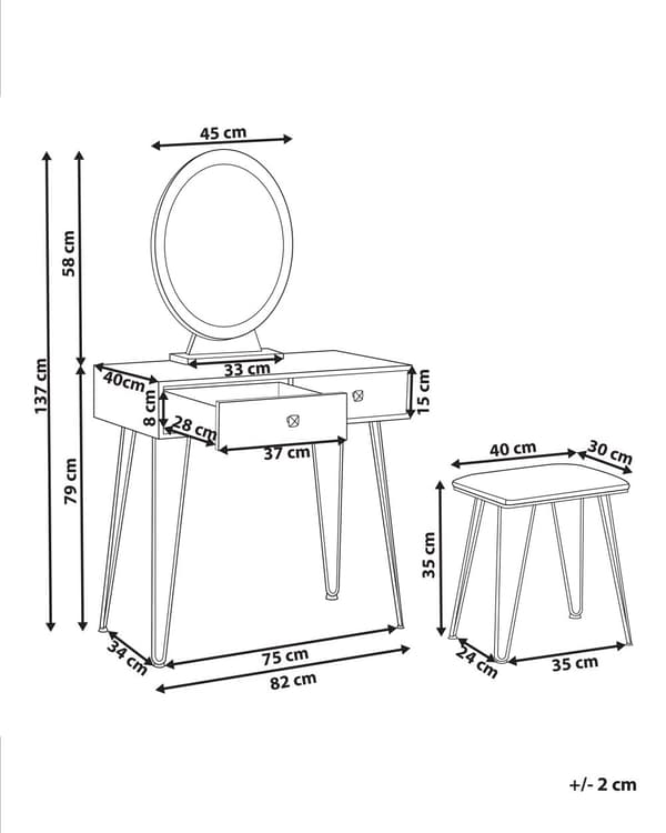Sminkebord Hvit Gull MDF 2 skuffer Speil LED Krakk Soverom Oppbevaring Glamorøst design