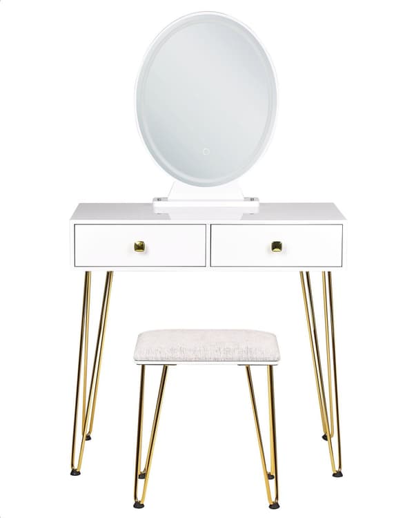 Sminkebord Hvit Gull MDF 2 skuffer Speil LED Krakk Soverom Oppbevaring Glamorøst design