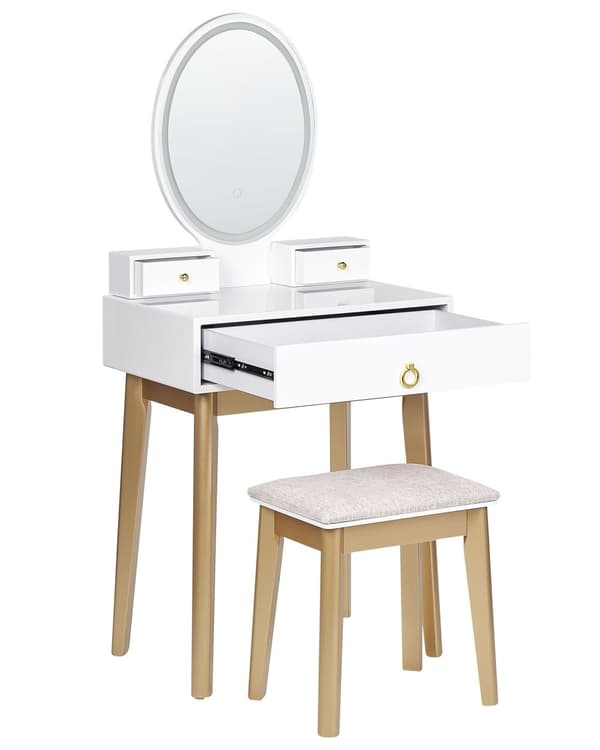 Sminkebord Hvit Gull MDF 3 skuffer Speil LED Krakk Soverom Oppbevaring Glamorøst design