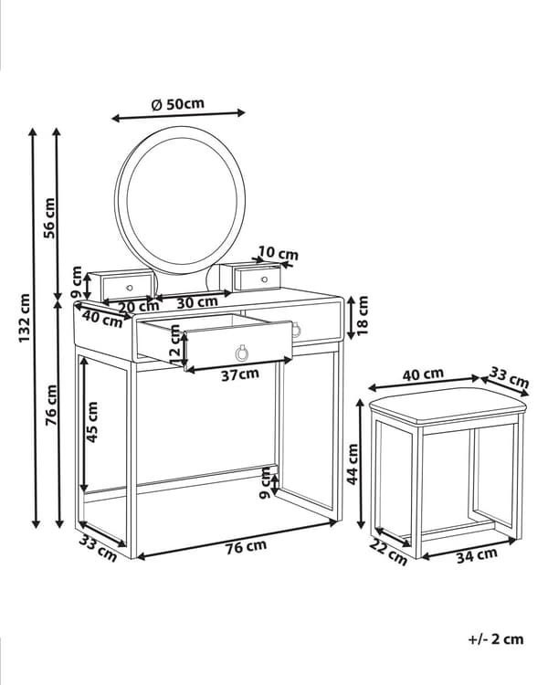Sminkebord Hvit Gull MDF 4 skuffer Speil LED Krakk Soverom Oppbevaring Glamorøst design