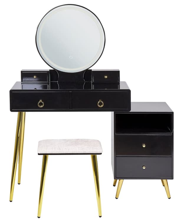 Konsollbord Svart Gull MDF 6 Skuffer LED-speil Krakk Stuemøbler Glamour Design Sminkebord