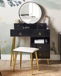 Miniatyrbilde 2 av 11: Konsollbord Svart Gull MDF 6 Skuffer LED-speil Krakk Stuemøbler Glamour Design Sminkebord