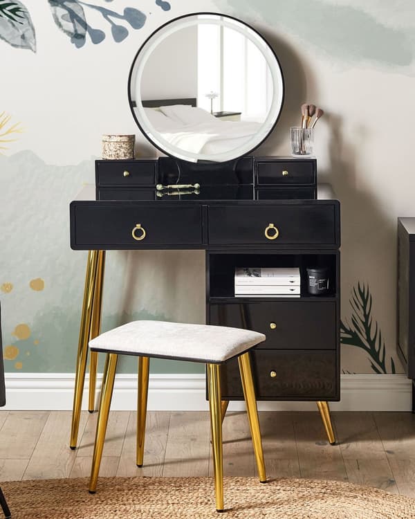 Konsollbord Svart Gull MDF 6 Skuffer LED-speil Krakk Stuemøbler Glamour Design Sminkebord