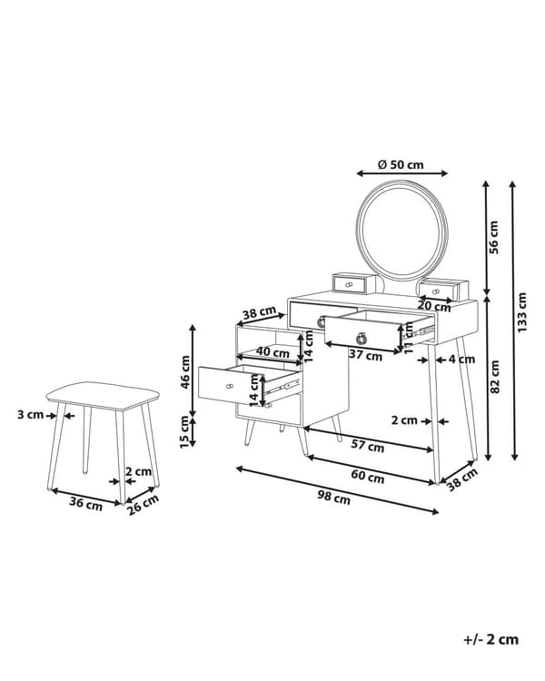 Sminkebord Hvit Gull MDF 6 skuffer LED-speil Krakk Stuemøbler Glamour Design