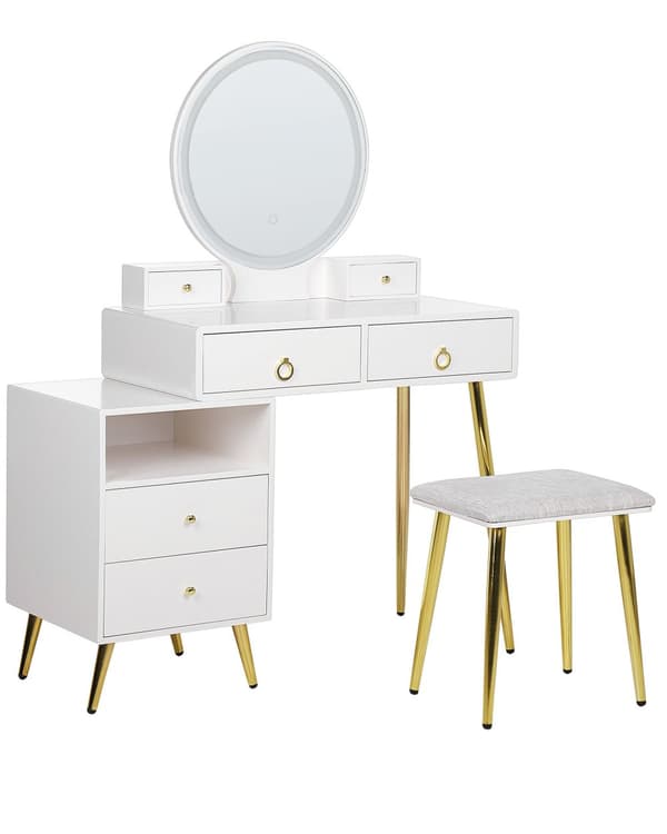 Sminkebord Hvit Gull MDF 6 skuffer LED-speil Krakk Stuemøbler Glamour Design