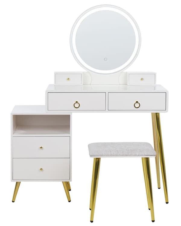 Sminkebord Hvit Gull MDF 6 skuffer LED-speil Krakk Stuemøbler Glamour Design