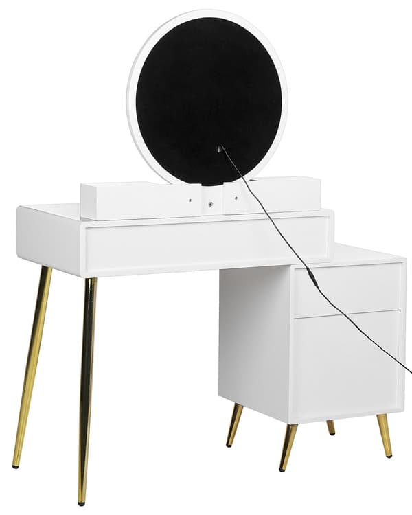 Sminkebord Hvit Gull MDF 6 skuffer LED-speil Krakk Stuemøbler Glamour Design
