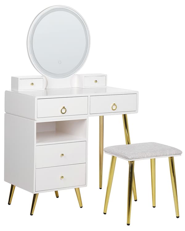 Sminkebord Hvit Gull MDF 6 skuffer LED-speil Krakk Stuemøbler Glamour Design