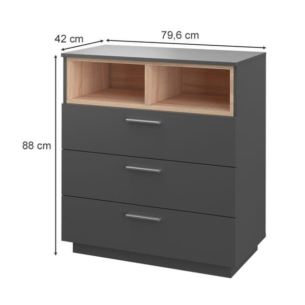 Vicco byrå med lådor Beatrice, antracit, 79,6 x 88 cm med 3 breda lådor