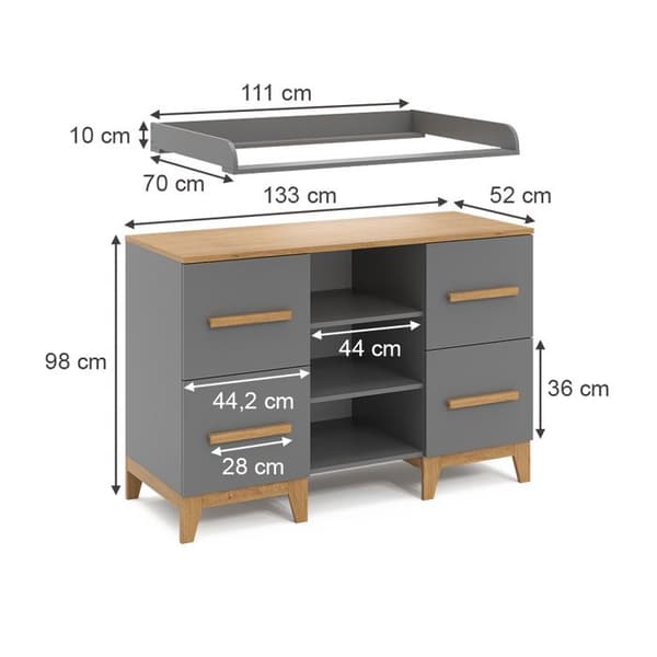Vitalispa Malia skötbord, Grå, 133 x 98 cm XL med 4 lådor