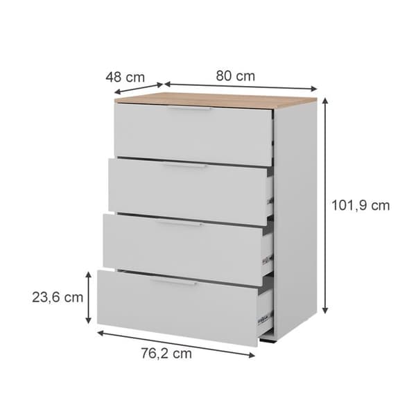 Vicco skänk Betti, Vit/Sonoma, 80 x 101,9 cm med 4x låda