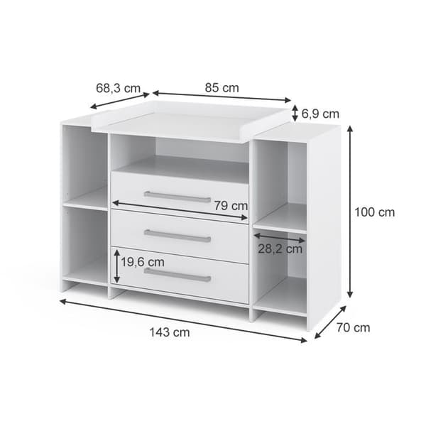 Vicco Oskar skötbord, Vit, 143 x 100 cm XL med lådor