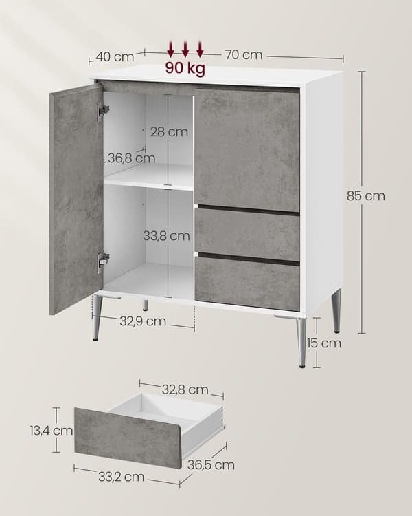 Opbevaringsskab - kommode - med 2 døre og 2 skuffer - 40 x 70 x 85 cm - Grå