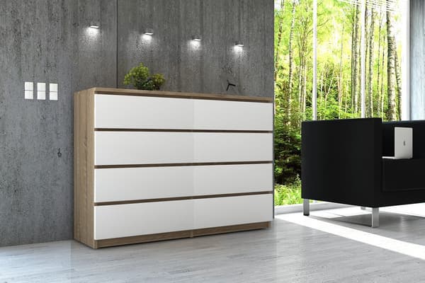 KOMMODE K 120 cm 8 LÅDOR SONOMA / VIT