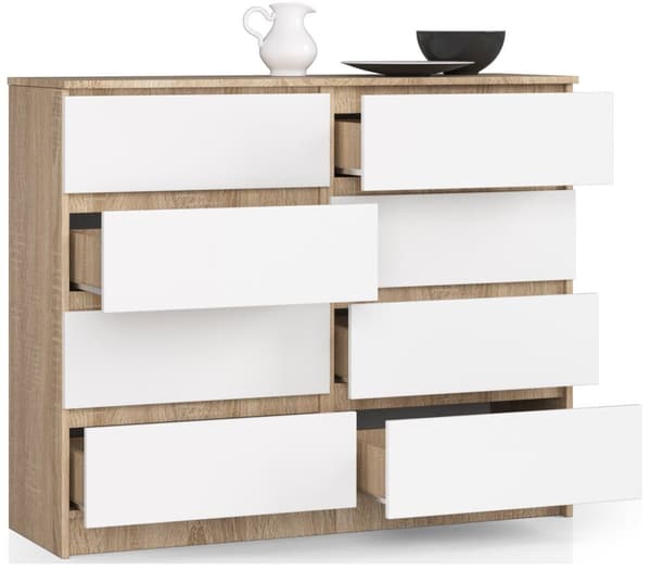 KOMMODE K 120 cm 8 LÅDOR SONOMA / VIT