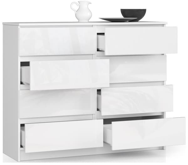 KOMODA K 120 cm 8 LAATIKKOA AKRYYLI VALKOINEN KORKEA KIILTO