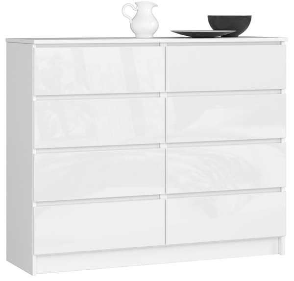 KOMODA K 120 cm 8 LAATIKKOA AKRYYLI VALKOINEN KORKEA KIILTO