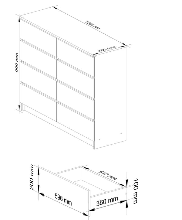 KOMMODE K 120 cm 8 SKUFFE AKRYL SORT HØJ GLANS