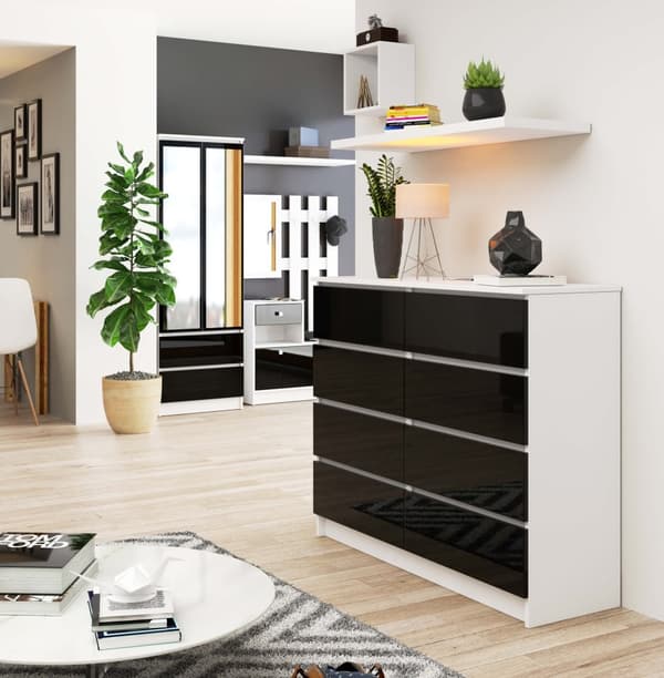 KOMMODE K 120 cm 8 SKUFFE AKRYL SORT HØJ GLANS