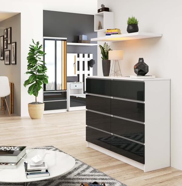 KOMMODE K 120 cm 8 SKUFFE AKRYL GRAFIT HØJ GLANS