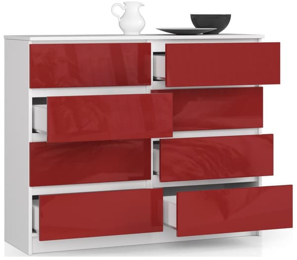 KOMMODE K 120 cm 8 SKUFFE AKRYL RØD HØJ GLANS