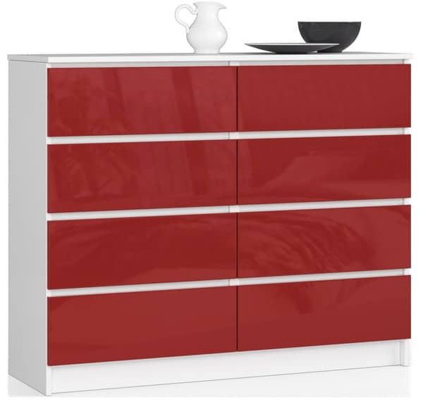 KOMMODE K 120 cm 8 SKUFFE AKRYL RØD HØJ GLANS