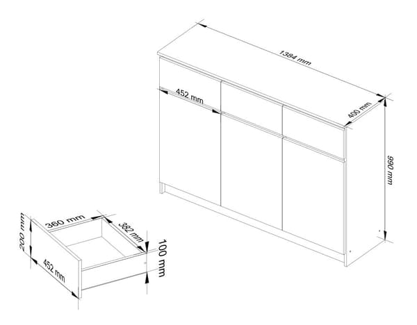 KOMMODE K140 3D 3SK CLP SORT GLANS