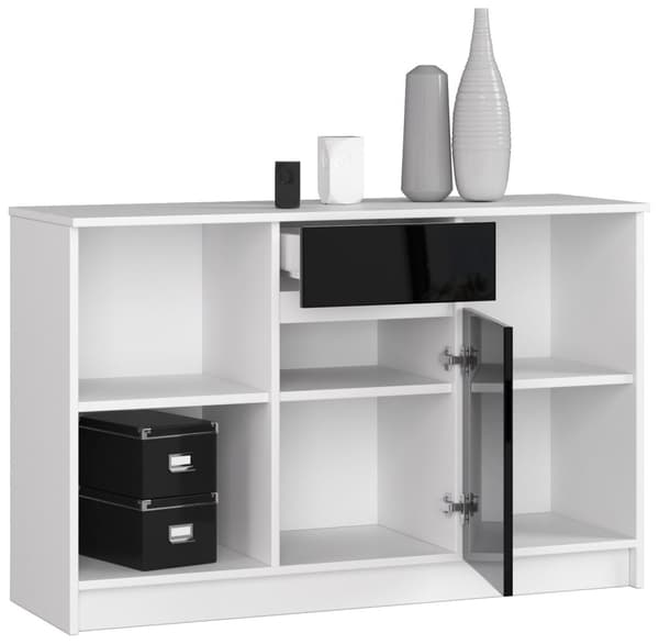 KOMMODE B-17 120 cm 1 SKUFFE 1 DØR HVID / SORT GLANS