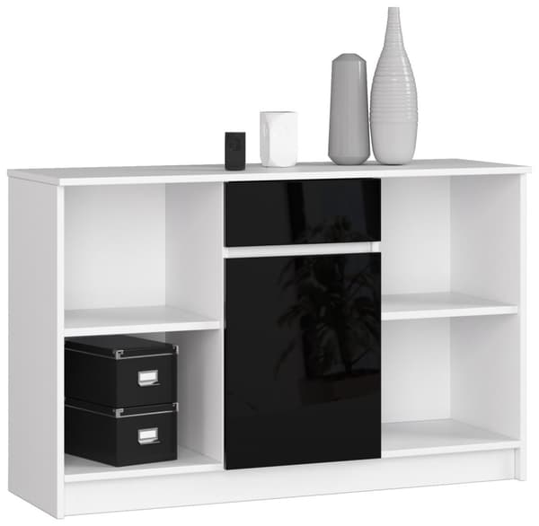KOMMODE B-17 120 cm 1 SKUFFE 1 DØR HVID / SORT GLANS