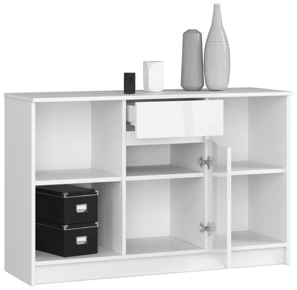 KOMMODE B-17 120 cm 1 SKUFFE 1 DØR HVID / HVID GLANS