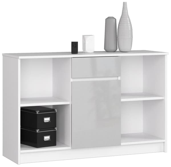 KOMMODE B-17 120 cm 1 LÅDA 1 DÖRR VIT / METALLISK BLANK