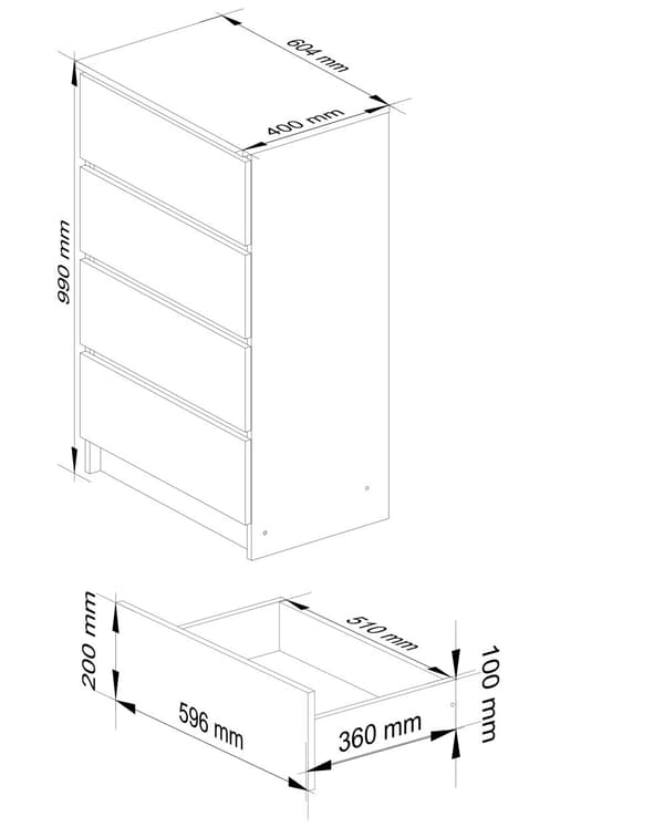 Kommode til stuen K 60 cm 4 skuffer - hvid-grafit grå