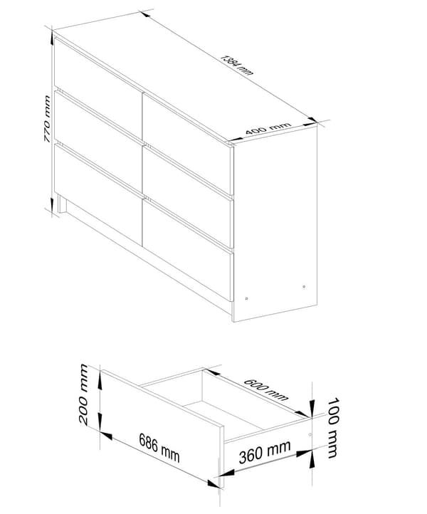 Kommodesk K 140 cm 6 lådor - vit-grafitgrå
