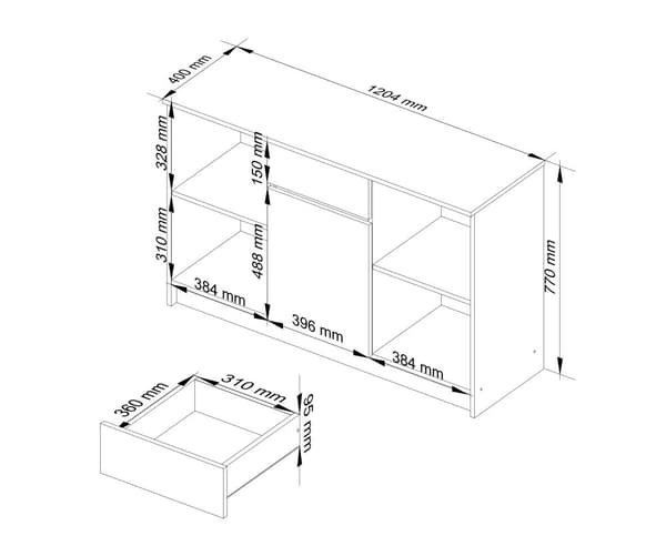 Kommodesk B-17 120 cm 1 låda 1 dörr vit-kapuchin glänsande