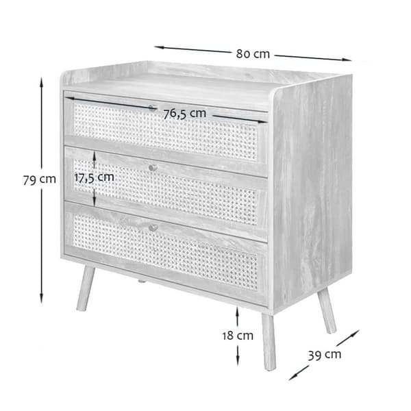 Commode 3 tiroirs avec façades en rotin naturel L80 cm - PALMO