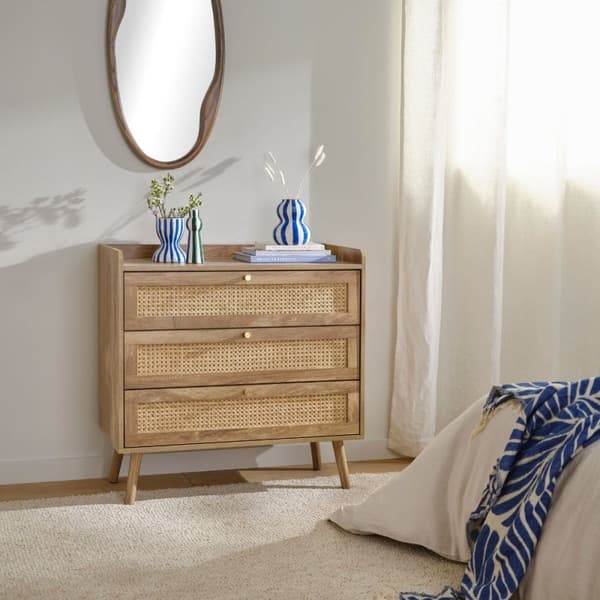 Commode 3 tiroirs avec façades en rotin naturel L80 cm - PALMO