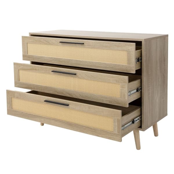 Kommode Skænk med 3 skuffer 100x77x40 cm egetræslook med rattanfront og fødder i massivt træ ML-design