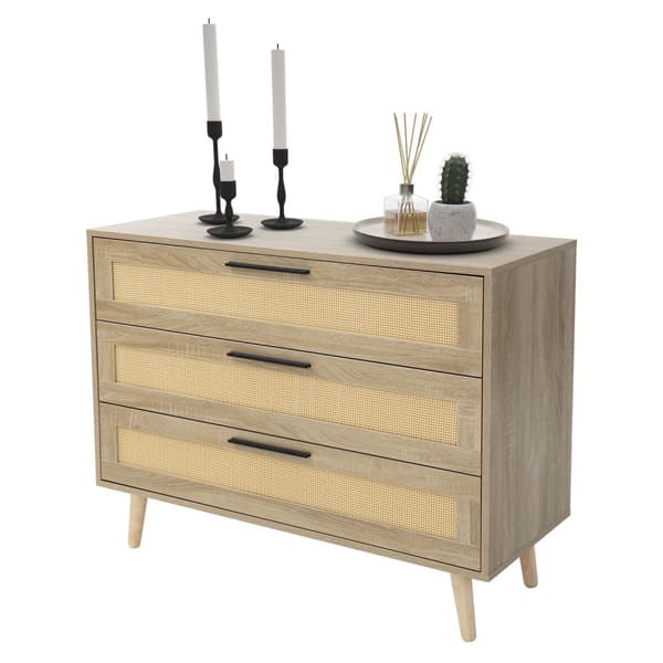 Kommode Skænk med 3 skuffer 100x77x40 cm egetræslook med rattanfront og fødder i massivt træ ML-design