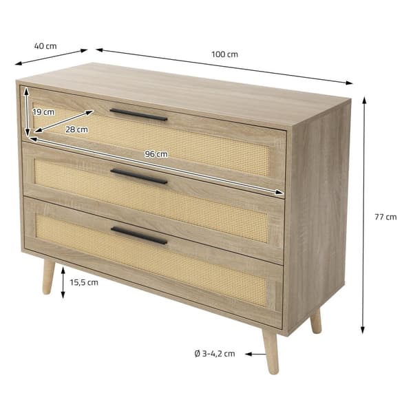 Kommode Skænk med 3 skuffer 100x77x40 cm egetræslook med rattanfront og fødder i massivt træ ML-design