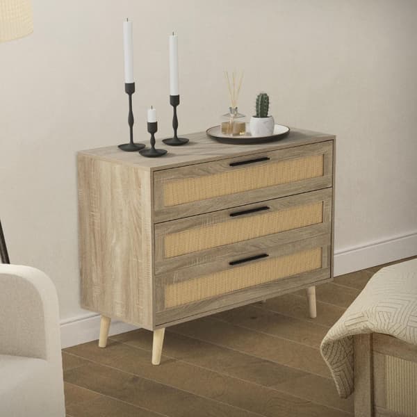 Byrå Sideboard med 3 lådor 100x77x40 cm eklook med rottingfront och fötter i massivt trä ML-design