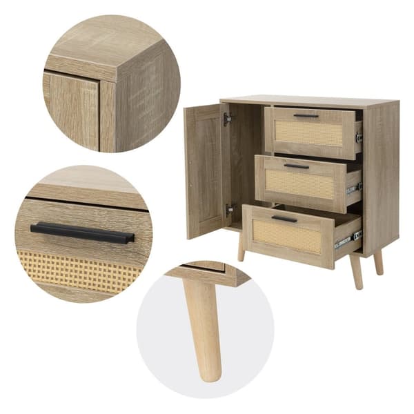 Byrå Sideboard med mjukstängande dörr &amp; 3 lådor 74x76x30 cm eklook med rottingfront ML-design