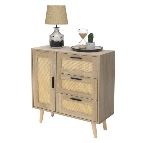 Byrå Sideboard med mjukstängande dörr &amp; 3 lådor 74x76x30 cm eklook med rottingfront ML-design