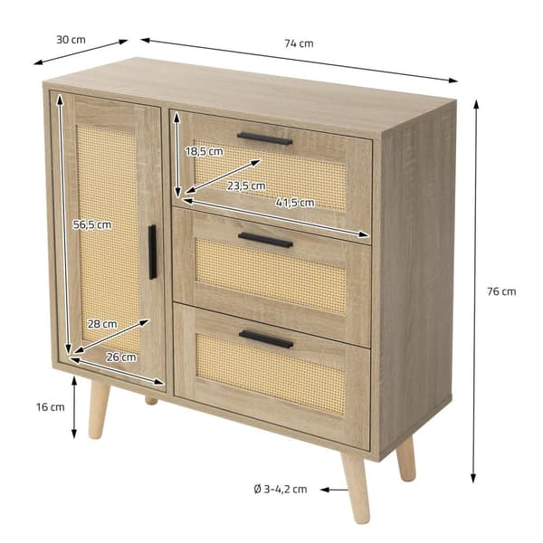Byrå Sideboard med mjukstängande dörr &amp; 3 lådor 74x76x30 cm eklook med rottingfront ML-design