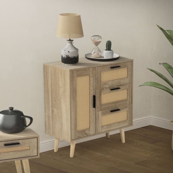 Kommode Skænk med softclose-låge og 3 skuffer 74x76x30 cm egetræslook med rattanfront ML-design